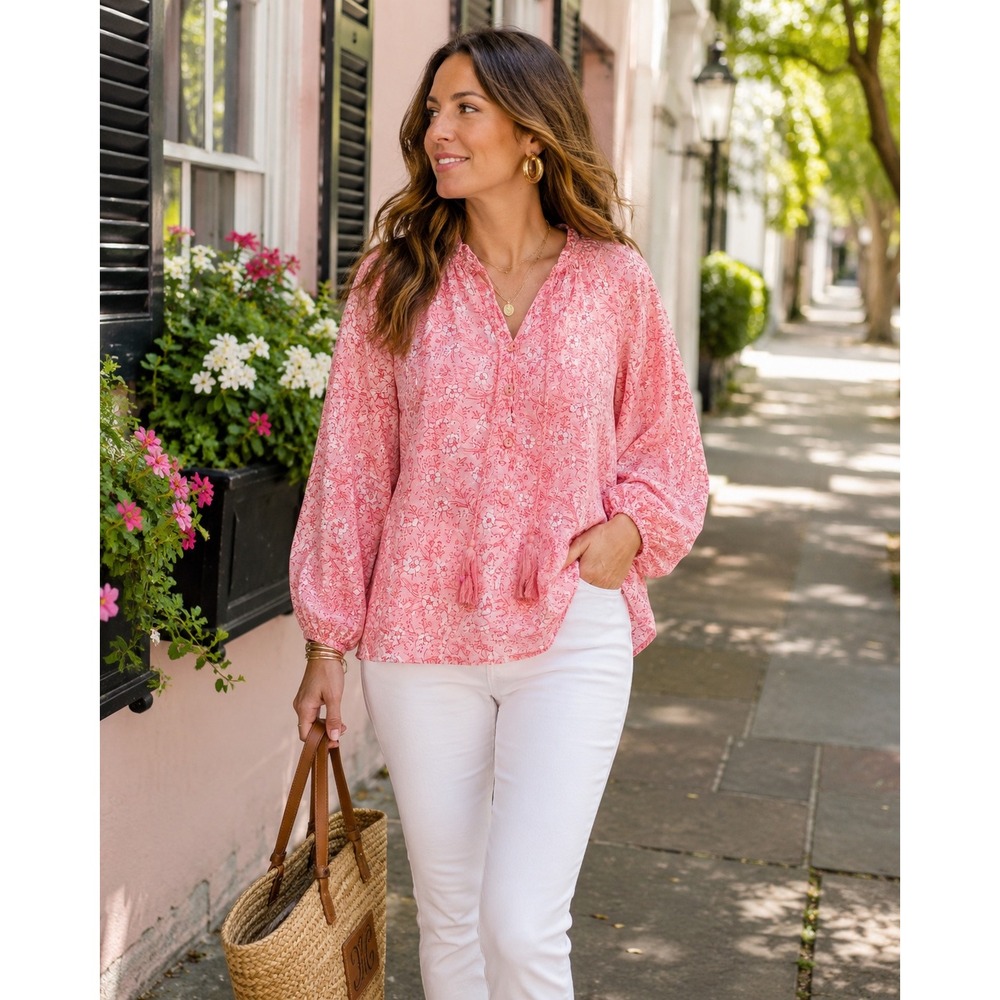 Emerson Fry India Collection XS Pink Block Print Org Cotton Tassel‎ Peasant Top